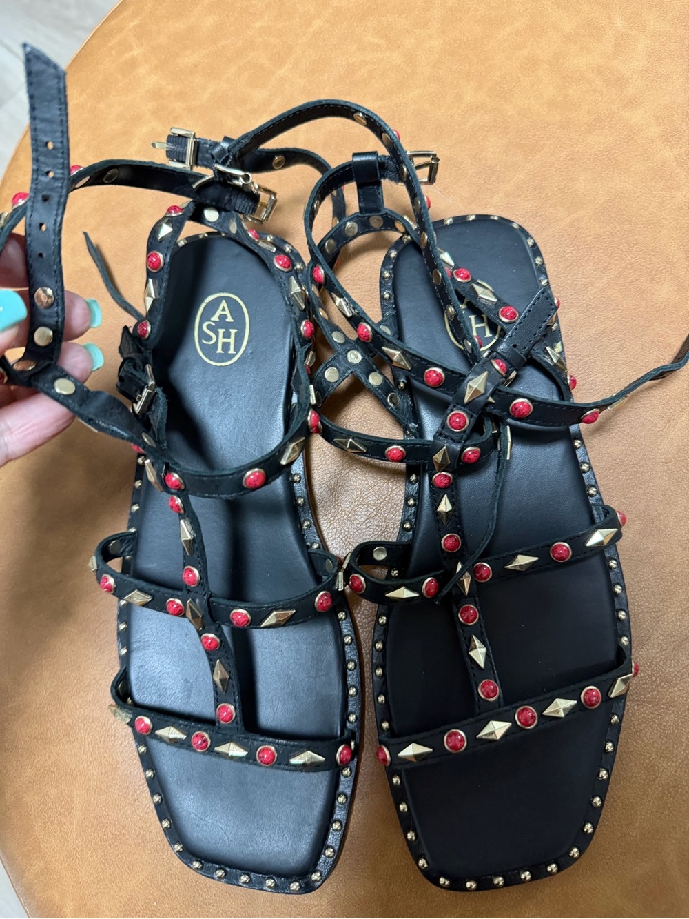 ASH Black Leather Gladiator Sandals with Red and Gold Studs